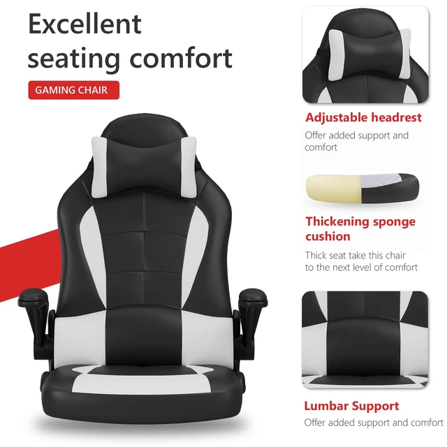 Alt view image 4 of 7 - Ergonomic Gaming Chair for Adults, Office Desk Chair, White | High back PU leather gaming chair with lumbar support, adjustable headrest, flip-up arms, rocking tilt and 250 lb capacity