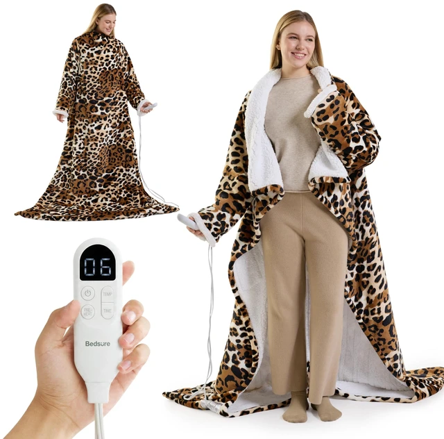 Main image of Wearable Heated Blanket with Foot Pocket, 50x71+18", Leopard Print | Preheat Function, Sherpa Electric Robe Throw with Sleeves, Gift for Women, 6 Heat/6 Timer Settings, 8H Auto Shut Off, ETL/FCC