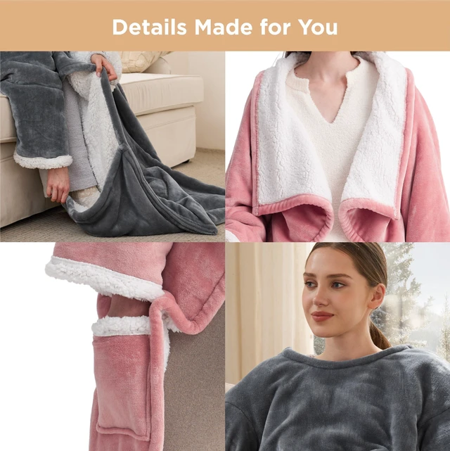 Alt view image 3 of 7 - Wearable Heated Blanket with Foot Pocket, 50x71+18", Leopard Print | Preheat Function, Sherpa Electric Robe Throw with Sleeves, Gift for Women, 6 Heat/6 Timer Settings, 8H Auto Shut Off, ETL/FCC
