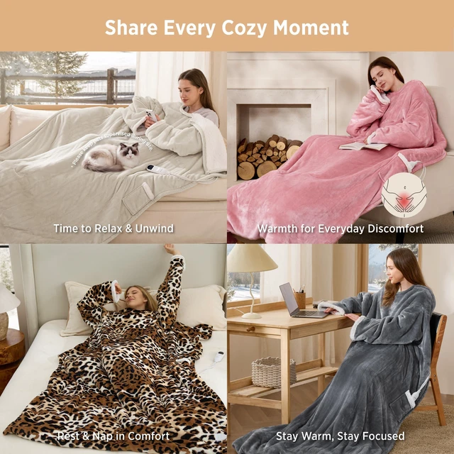 Alt view image 5 of 7 - Wearable Heated Blanket with Foot Pocket, 50x71+18", Leopard Print | Preheat Function, Sherpa Electric Robe Throw with Sleeves, Gift for Women, 6 Heat/6 Timer Settings, 8H Auto Shut Off, ETL/FCC