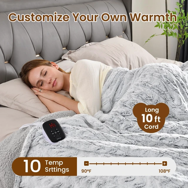 Alt view image 3 of 7 - Electric Blanket Full Size 77" x 84", 10 Heat Settings Heated Blanket, 1-12 Hour Auto Shut-Off, Faux Fur & Sherpa Dual-Sided Heating Blanket, Machine Washable, Gift-Ready Elegant Packaging