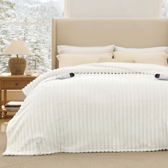 Main image of Electric Blanket King Size - Thick Striped Flannel Electric Blanket with Dual Control, Heating with 6 Heat Settings & 6 Time Settings, 8 hrs Timer Auto Shut Off (90"x100", White)