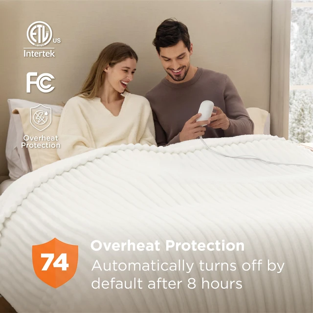 Alt view image 3 of 7 - Electric Blanket King Size - Thick Striped Flannel Electric Blanket with Dual Control, Heating with 6 Heat Settings & 6 Time Settings, 8 hrs Timer Auto Shut Off (90"x100", White)