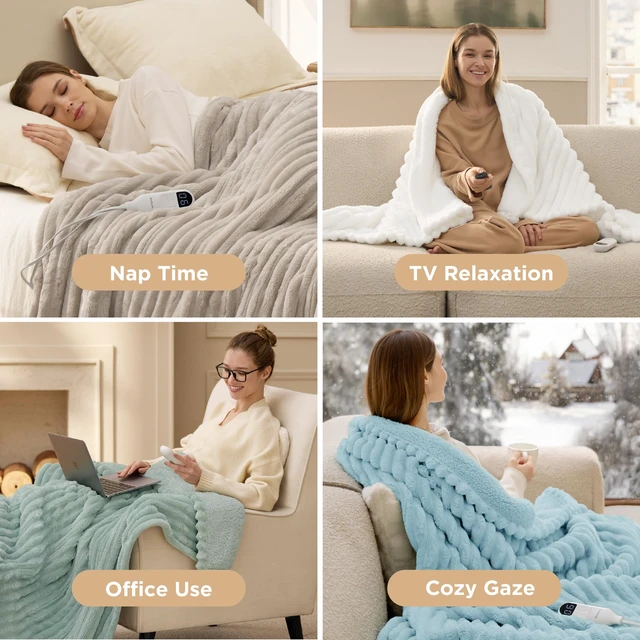 Alt view image 5 of 7 - Electric Blanket King Size - Thick Striped Flannel Electric Blanket with Dual Control, Heating with 6 Heat Settings & 6 Time Settings, 8 hrs Timer Auto Shut Off (90"x100", White)