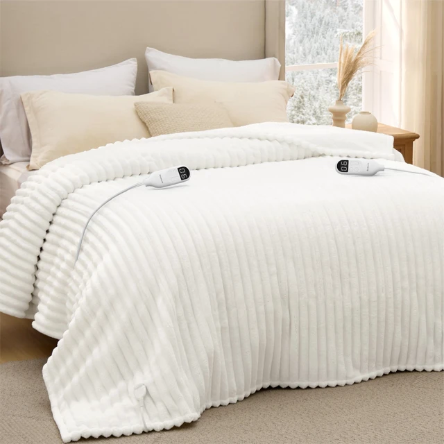 Alt view image 7 of 7 - Electric Blanket King Size - Thick Striped Flannel Electric Blanket with Dual Control, Heating with 6 Heat Settings & 6 Time Settings, 8 hrs Timer Auto Shut Off (90"x100", White)
