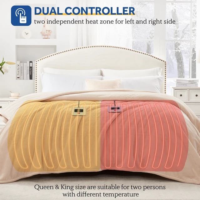 Alt view image 6 of 7 - Electric Blanket King Size Dual Control Flannel Auto Shutoff, Beige | Heated Blanket King Size 10 Heat Levels & 1-12H Auto Shutoff, Fast Heating & Overheat Protection, ETL, Machine Wash, 90X100