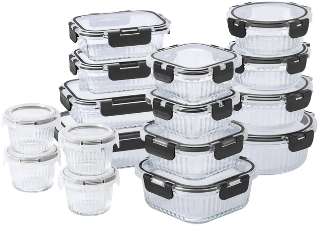 Main image of Premium 32-Pc. Borosilicate Glass Food Container Set with Dividers - 4 Rectangles, 8 Rounds, 4 Squares - Leakproof Lids - Meal Prep, Storage, Pink