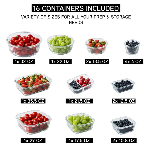 Alt view image 2 of 7 - Premium 32-Pc. Borosilicate Glass Food Container Set with Dividers - 4 Rectangles, 8 Rounds, 4 Squares - Leakproof Lids - Meal Prep, Storage, Pink