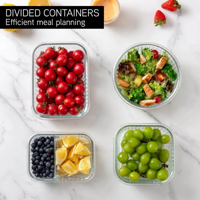 Alt view image 5 of 7 - Premium 32-Pc. Borosilicate Glass Food Container Set with Dividers - 4 Rectangles, 8 Rounds, 4 Squares - Leakproof Lids - Meal Prep, Storage, Pink