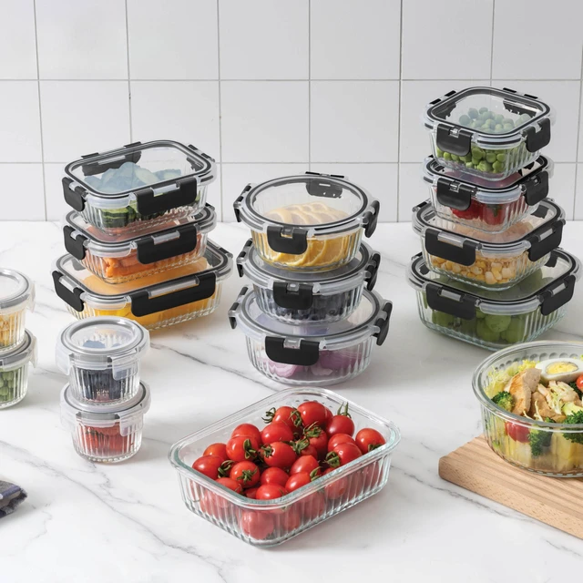 Alt view image 6 of 7 - Premium 32-Pc. Borosilicate Glass Food Container Set with Dividers - 4 Rectangles, 8 Rounds, 4 Squares - Leakproof Lids - Meal Prep, Storage, Pink