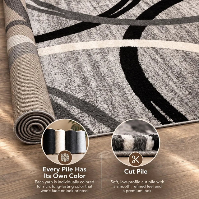 Alt view image 3 of 7 - Wavy Circles Fade-Resistant Living Room Area Rug Gray 5'3" x 7'3" | Rectangular, Size 5'3" x 7'3", Bedroom, Dining Room, Home Office, Kitchen, Entryway, Hallway, Nursery, Kids Room, Guest Room
