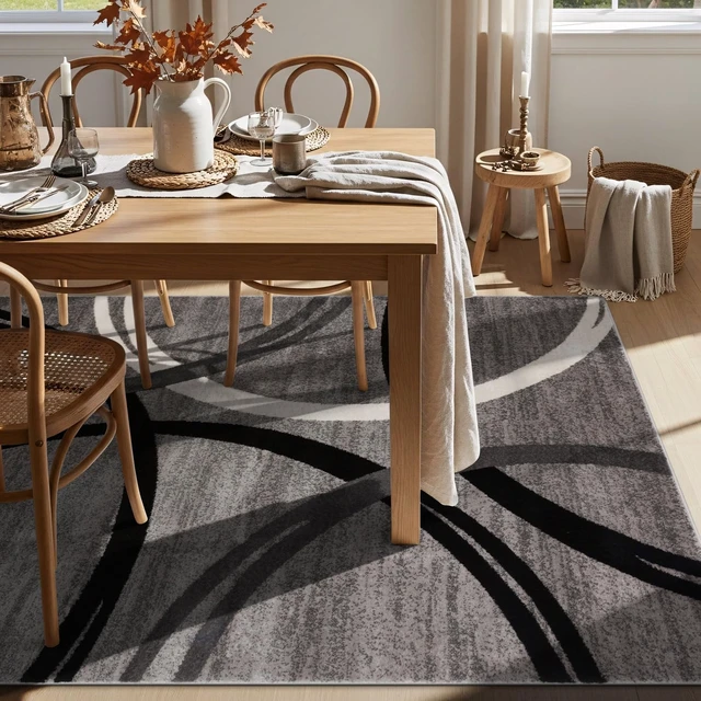 Alt view image 7 of 7 - Wavy Circles Fade-Resistant Living Room Area Rug Gray 5'3" x 7'3" | Rectangular, Size 5'3" x 7'3", Bedroom, Dining Room, Home Office, Kitchen, Entryway, Hallway, Nursery, Kids Room, Guest Room