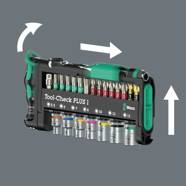 Alt view image 4 of 7 - Tool-Check PLUS 2, 39-Pc 1/4" Bit Ratchet, Socket & BiTorsion Bit Set | Zyklop Mini fits tight spaces, Rapidaptor holder, Square-Plus (Robertson) profiles, green locking components to secure tools