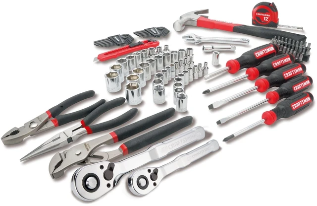 Main image of 102-Piece Tool Kit for Home and Car, Durable Hand Tools Set with SAE and Metric Socket Set, Screwdrivers, Wrench, Hammer, Pliers, Knife, Hex Keys, Specialty Bits, Tape Measure (CMMT99449)