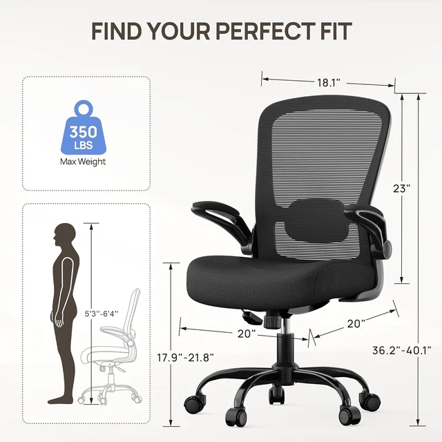 Alt view image 2 of 7 - Ergonomic Office Chair w/ Flip-Up Armrests & Adjustable Lumbar Support | Adjustable Height 19.4823.4", 20-30 Min Assembly, 135° Recline, Mesh Breathable Back, Fits 300 lbs, 5-Year Warranty