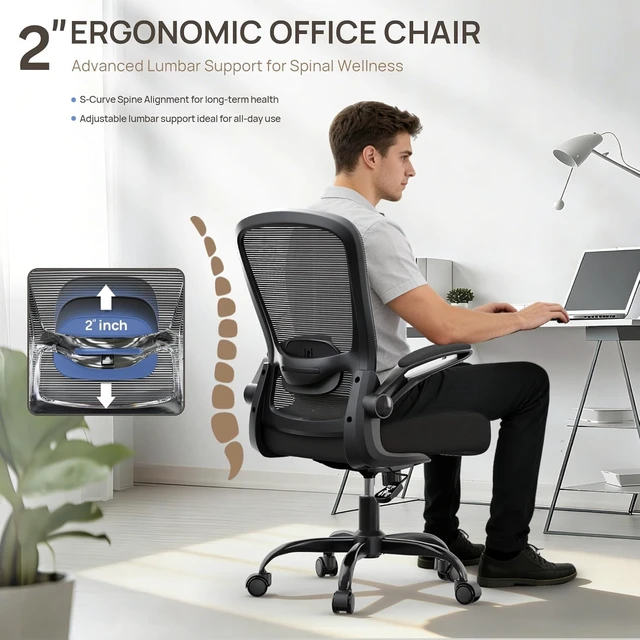 Alt view image 4 of 7 - Ergonomic Office Chair w/ Flip-Up Armrests & Adjustable Lumbar Support | Adjustable Height 19.4823.4", 20-30 Min Assembly, 135° Recline, Mesh Breathable Back, Fits 300 lbs, 5-Year Warranty