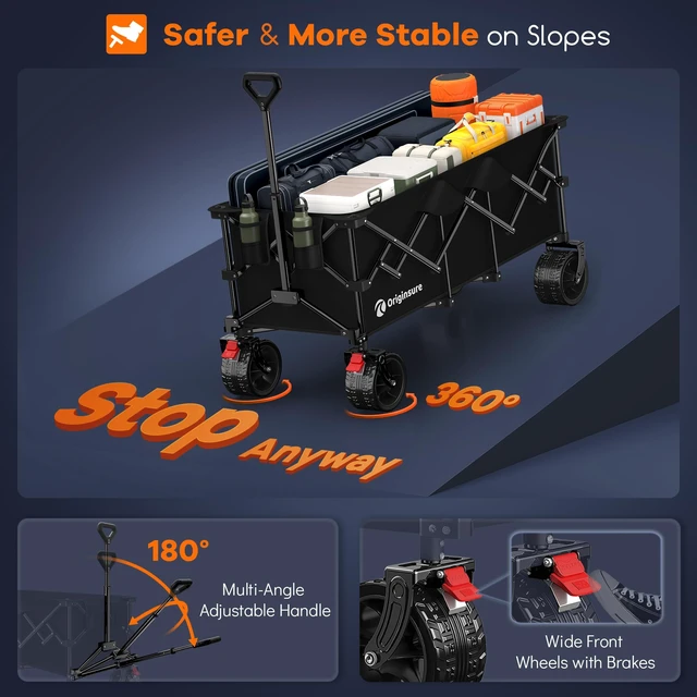 Alt view image 5 of 5 - 300L Collapsible Beach Wagon Cart with Big Wheels, 560lbs, Black | 48" Foldable Utility Wagon,7" All-Terrain Wheels,Heavy Duty Frame,Compact&Space-Saving,for Camping,Sports,Grocery,Garden