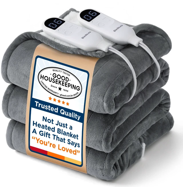 Main image of Heated Blanket Queen Size, Dual Control Electric Blanket, Grey | Good Housekeeping Seal, Preheat, 6 heat/timer, 8H Auto Shut-Off, ETL/FCC, Soft Flannel Sherpa, Machine Washable, 84x90in
