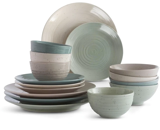 Main image of Siterra Artist's Blend 16-Piece Stoneware Dinnerware Set for 4, Green, Cream & White Glossy Dishes with Speckles, Ceramic Plates and Bowls Sets for Everyday Dining, Microwave & Dishwasher Safe
