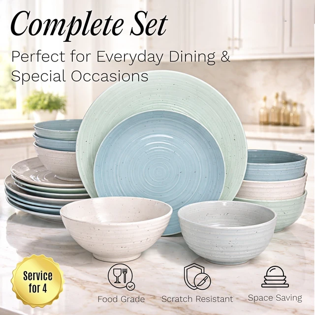 Alt view image 2 of 7 - Siterra Artist's Blend 16-Piece Stoneware Dinnerware Set for 4, Green, Cream & White Glossy Dishes with Speckles, Ceramic Plates and Bowls Sets for Everyday Dining, Microwave & Dishwasher Safe