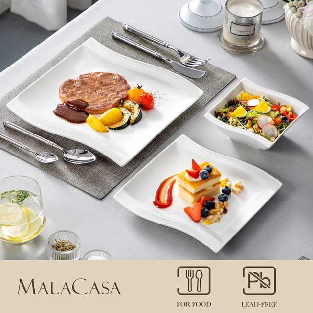 Alt view image 3 of 7 - Ivory White Dinnerware Sets, 30-Piece Porcelain Plates and Bowls Sets, Modern Dish Set for 6, Square Plates Dinnerware Set Kitchen Dishware Sets, Microwave and Dishwasher Safe, Series Flora
