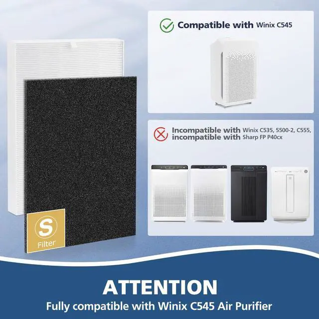 Alt view image 2 of 7 - 2 Pack C545 Replacement Filter S Compatible with Winix C545 Air Purifier | Replaces Part 1712-0096-00 and 2522-0058-00, 2 Main Filter + 8 Activated Carbon Filters