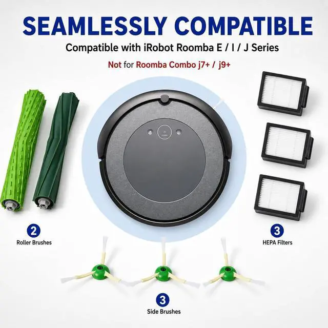 Alt view image 2 of 7 - Replacement Parts & Accessories for iRobot E, I & J Series, Combo i5, j5 Series Robot Vacuum, Dual Multi-Surface Rubber Brushes & 3 HEPA Filter & 3 Edge-Sweeping Brushes