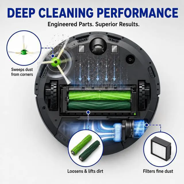 Alt view image 6 of 7 - Replacement Parts & Accessories for iRobot E, I & J Series, Combo i5, j5 Series Robot Vacuum, Dual Multi-Surface Rubber Brushes & 3 HEPA Filter & 3 Edge-Sweeping Brushes