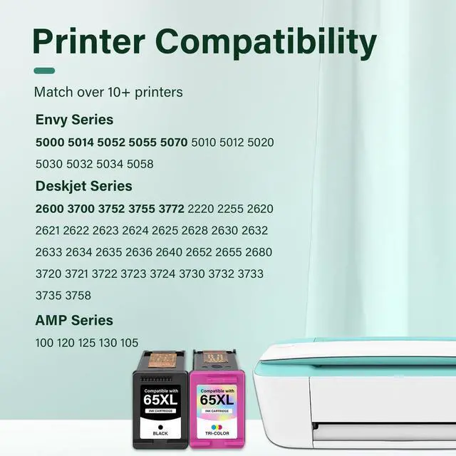 Alt view image 2 of 7 - 65XL 65 3755 5055 Ink Cartridges Black/Color Combo Pack for HP Printers | Replacement for HP65 XL Black and Color for HP Envy 5052 5000 DeskJet 3772 3700 2600 3752 Printer (Black Tri-Color)