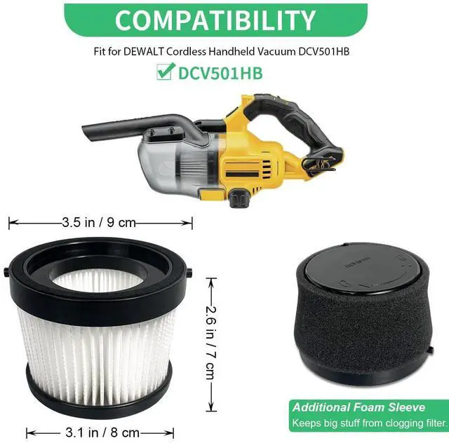 Alt view image 2 of 6 - 2 Pack DCV5011H HEPA Filter Fit for DEWALT DCV501HB Cordless Handheld Vac | with 4 Foam Sleeve Filters & 1 Brush