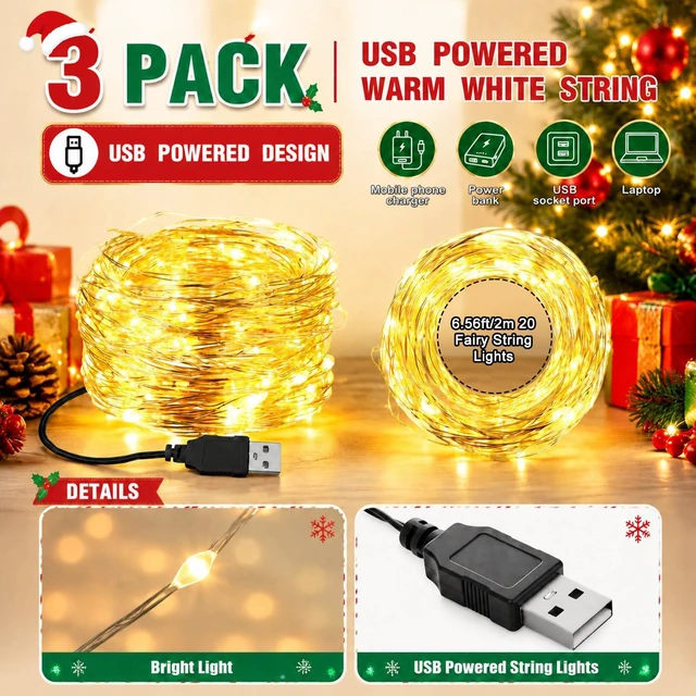 Alt view image 2 of 7 - ViewSonic 3 Pcs USB Fairy String Lights 6.56ft 20 LED Christmas Light | Indoor Outdoor Use, for DIY Crafts, Mason Jar, Centerpiece, Garlands, Bedrooms, Easy Plug Play Setup