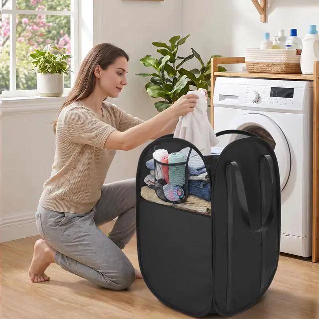 Alt view image 2 of 7 - 100L Collapsible Laundry Baskets, Easy Carry Foldable Clothes Hamper, Black | Lightweight, Side Pocket, Easy to Carry, Tear-resistant Fabric, Space-saving, for Laundry, Bedroom, Dorm, Home Storage