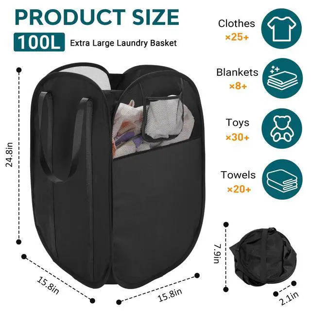 Alt view image 3 of 7 - 100L Collapsible Laundry Baskets, Easy Carry Foldable Clothes Hamper, Black | Lightweight, Side Pocket, Easy to Carry, Tear-resistant Fabric, Space-saving, for Laundry, Bedroom, Dorm, Home Storage