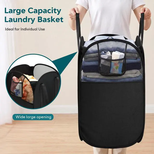 Alt view image 6 of 7 - 100L Collapsible Laundry Baskets, Easy Carry Foldable Clothes Hamper, Black | Lightweight, Side Pocket, Easy to Carry, Tear-resistant Fabric, Space-saving, for Laundry, Bedroom, Dorm, Home Storage