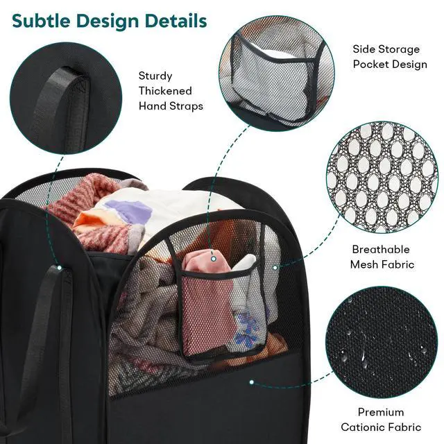Alt view image 4 of 7 - 100L Collapsible Laundry Baskets, Easy Carry Foldable Clothes Hamper, Black | Lightweight, Side Pocket, Easy to Carry, Tear-resistant Fabric, Space-saving, for Laundry, Bedroom, Dorm, Home Storage