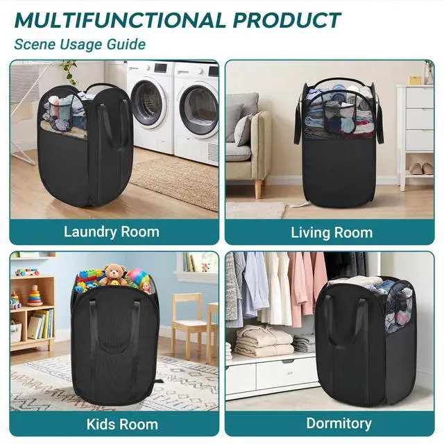 Alt view image 7 of 7 - 100L Collapsible Laundry Baskets, Easy Carry Foldable Clothes Hamper, Black | Lightweight, Side Pocket, Easy to Carry, Tear-resistant Fabric, Space-saving, for Laundry, Bedroom, Dorm, Home Storage