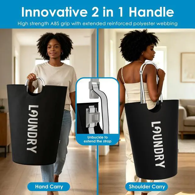 Alt view image 4 of 7 - 100L Laundry Basket with Tech Handle, 2in1 Large Dirty Clothes Hamper Black | Hand or Shoulder Carry, Collapsible Foldable Bin, Plastic Handle, 600D Oxford with Waterproof PE Coating for Dorm