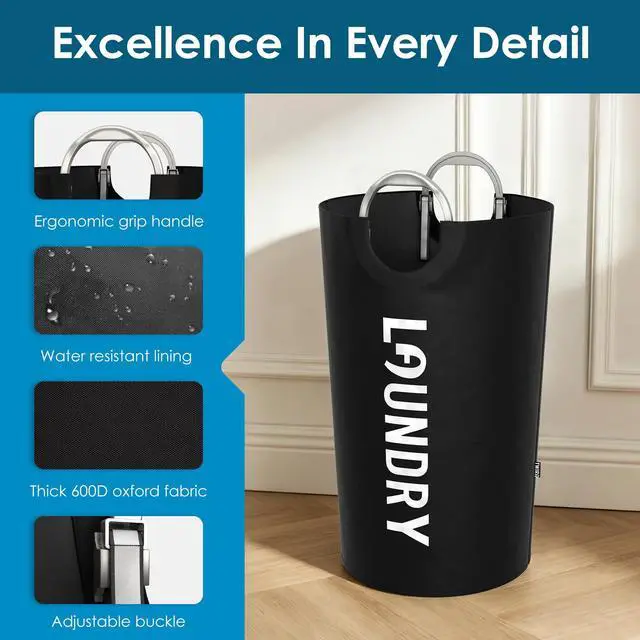 Alt view image 5 of 7 - 100L Laundry Basket with Tech Handle, 2in1 Large Dirty Clothes Hamper Black | Hand or Shoulder Carry, Collapsible Foldable Bin, Plastic Handle, 600D Oxford with Waterproof PE Coating for Dorm