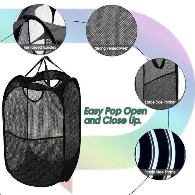 Alt view image 3 of 6 - ViewSonic Deluxe Collapsible Laundry Baskets Mesh Pop Up Hampers for Laundry with Side Pocket Reinforced Handles for Laundry Room, Bathroom, Kids Room, College Dorm or Travel Black