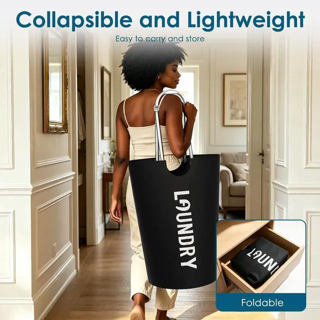 Alt view image 7 of 7 - 100L Laundry Basket with Tech Handle, 2in1 Large Dirty Clothes Hamper Black | Hand or Shoulder Carry, Collapsible Foldable Bin, Plastic Handle, 600D Oxford with Waterproof PE Coating for Dorm