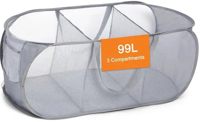 Main image of Durable Collapsible Foldable Pop Up Laundry Hamper, Sturdy 3 Compartments, Handy Pocket & Easy to Sort Clothes Hampers for Dorm, Kids Room, Travel - Grey