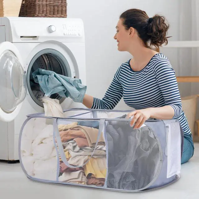 Alt view image 2 of 7 - Durable Collapsible Foldable Pop Up Laundry Hamper, Sturdy 3 Compartments, Handy Pocket & Easy to Sort Clothes Hampers for Dorm, Kids Room, Travel - Grey