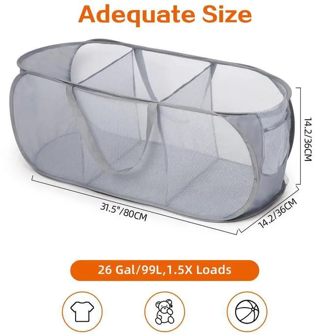 Alt view image 4 of 7 - Durable Collapsible Foldable Pop Up Laundry Hamper, Sturdy 3 Compartments, Handy Pocket & Easy to Sort Clothes Hampers for Dorm, Kids Room, Travel - Grey