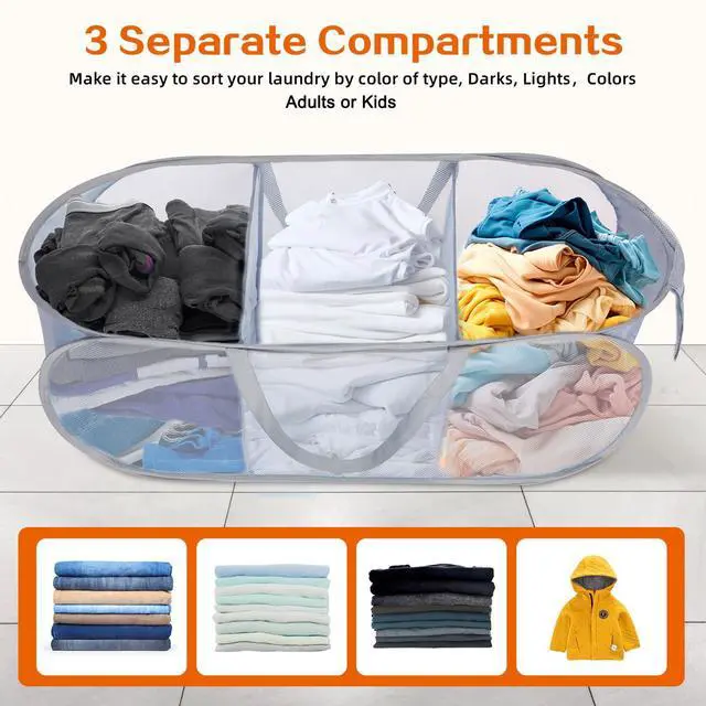 Alt view image 3 of 7 - Durable Collapsible Foldable Pop Up Laundry Hamper, Sturdy 3 Compartments, Handy Pocket & Easy to Sort Clothes Hampers for Dorm, Kids Room, Travel - Grey