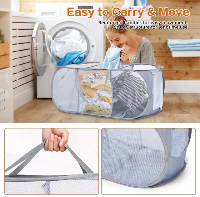 Alt view image 5 of 7 - Durable Collapsible Foldable Pop Up Laundry Hamper, Sturdy 3 Compartments, Handy Pocket & Easy to Sort Clothes Hampers for Dorm, Kids Room, Travel - Grey