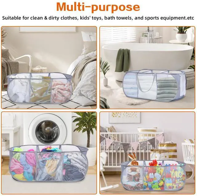 Alt view image 7 of 7 - Durable Collapsible Foldable Pop Up Laundry Hamper, Sturdy 3 Compartments, Handy Pocket & Easy to Sort Clothes Hampers for Dorm, Kids Room, Travel - Grey
