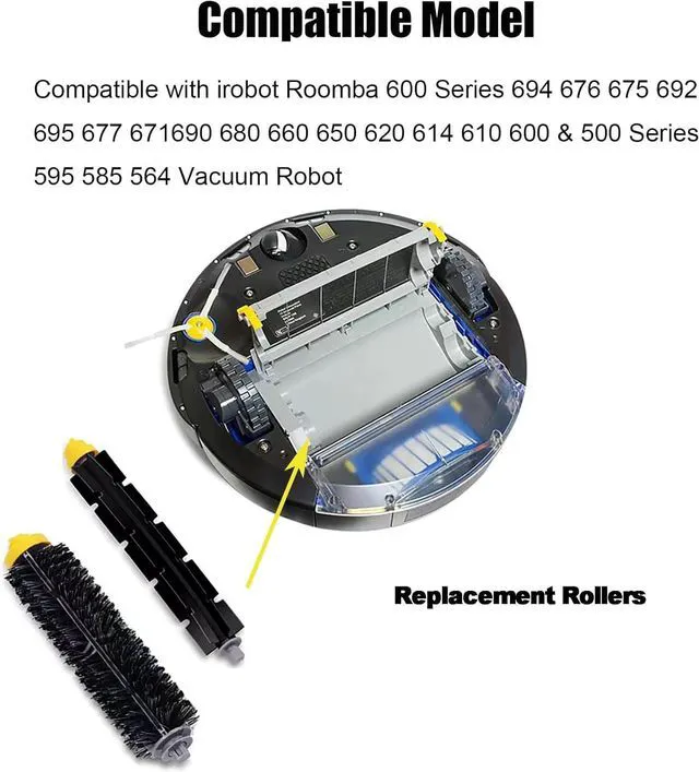 Alt view image 2 of 5 - Replacement Brush Rollers for irobot Roomba 600 Series 694 676 675 692 695 677 671 690 680 660 650 620 614 610 600 & 500 Series 595 585 564 Vacuum Robot 2 Pack