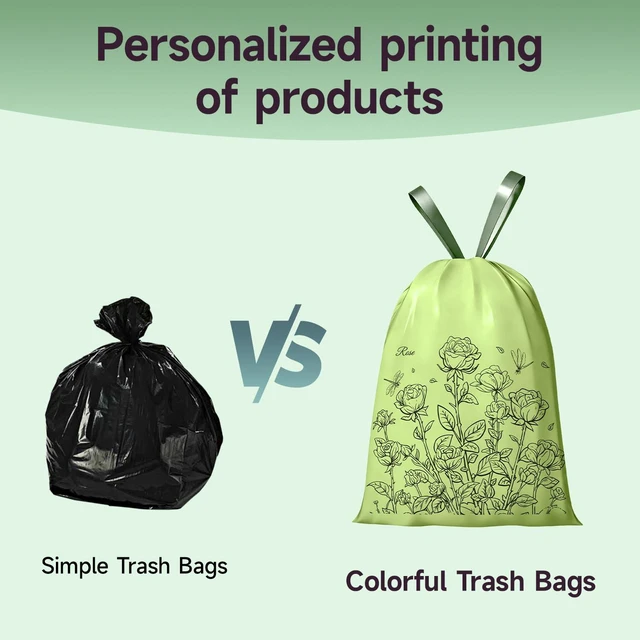 Alt view image 5 of 7 - ViewSonic Rose Scented Small Garbage Bags,Trash Bags 4 gallon Drawstring For Bathroom,Office,Bedroom,Car,Suitable for 2-4 gallon trash can,colorful Print,Green,50 Counts