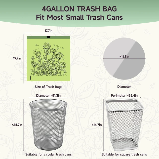 Alt view image 7 of 7 - ViewSonic Rose Scented Small Garbage Bags,Trash Bags 4 gallon Drawstring For Bathroom,Office,Bedroom,Car,Suitable for 2-4 gallon trash can,colorful Print,Green,50 Counts