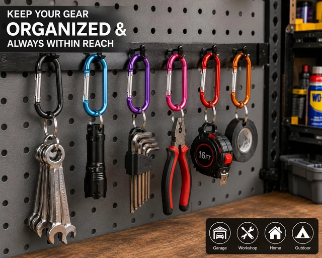 Alt view image 7 of 7 - 12PCS Multicolor Carabiner Caribeaner Clip,3" Large Aluminum D Ring Shape Carabeaner with 6PCS Keyring Keychain Hook